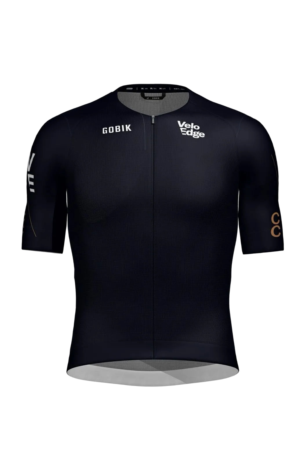 Black cycling jersey with visible branding on a white background