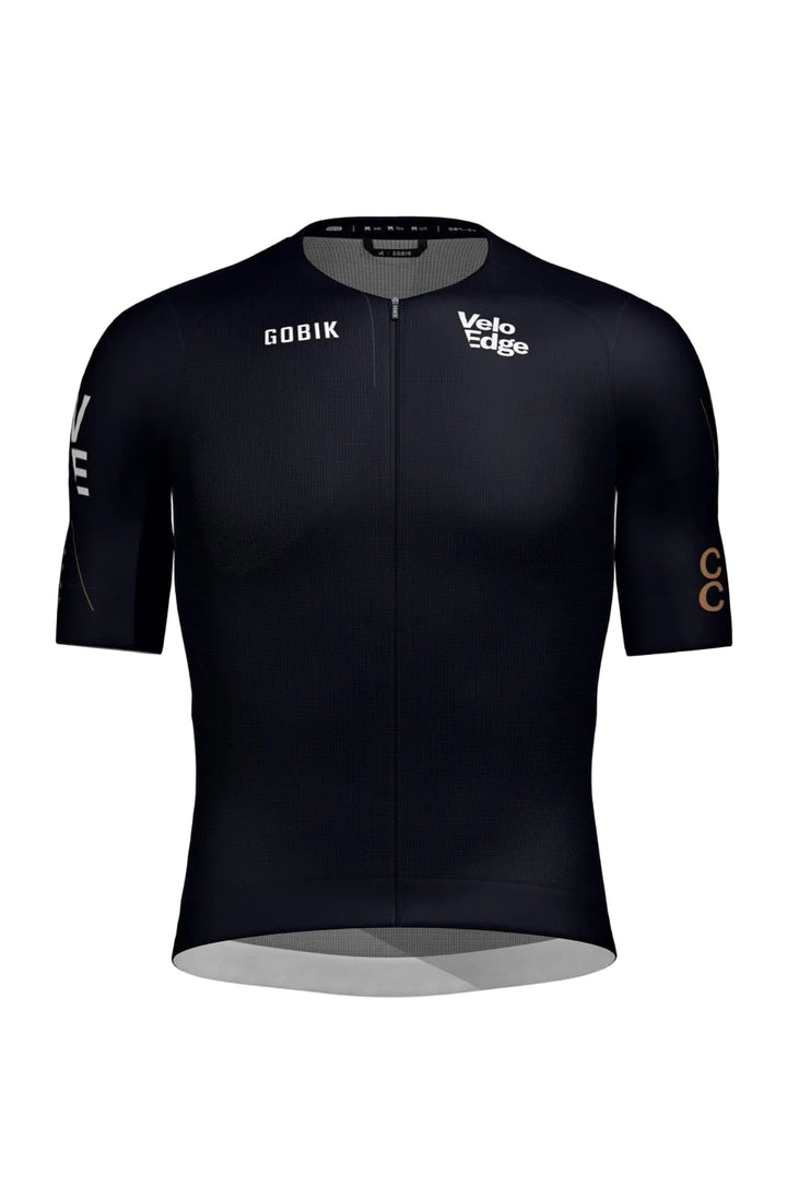 Black cycling jersey with visible branding on a white background