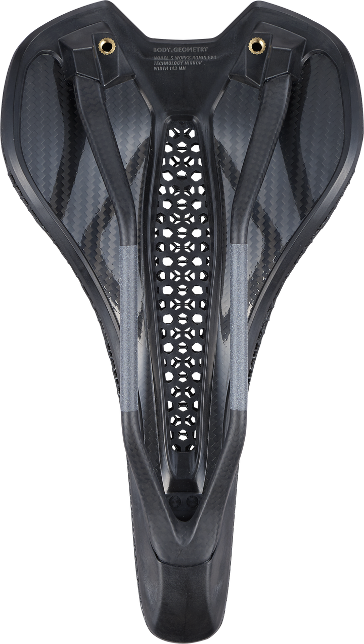 Specialized S-Works Romin Evo with Mirror Saddle, underside showing carbon shell and rails