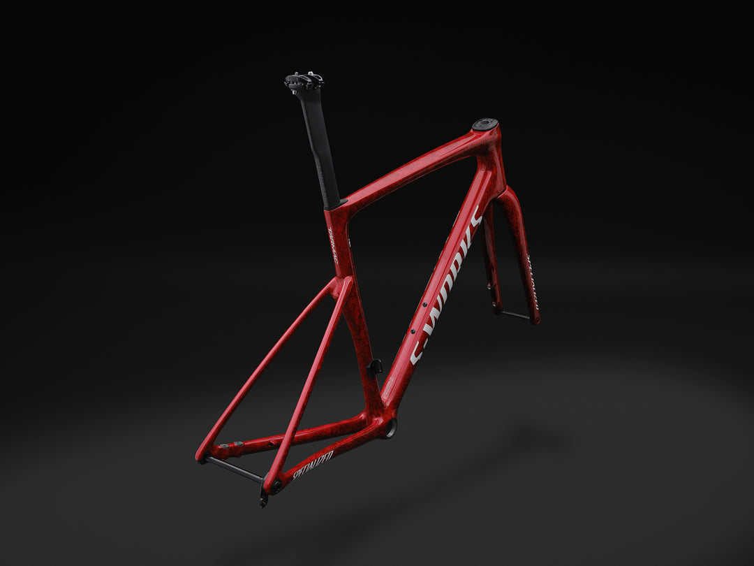 Specialized S-Works Tarmac SL9 road bike frameset in Vivid Red with Tarmac Black detailing and white S-Works graphics, shown in profile against a dark studio background