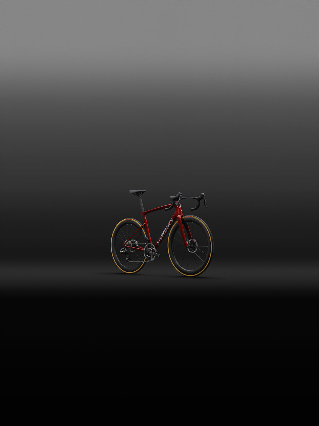 Specialized S-Works Tarmac SL9 SRAM AXS in Ruby Metallic / White Silver Metallic, shown from the front three-quarter angle in an outdoor setting