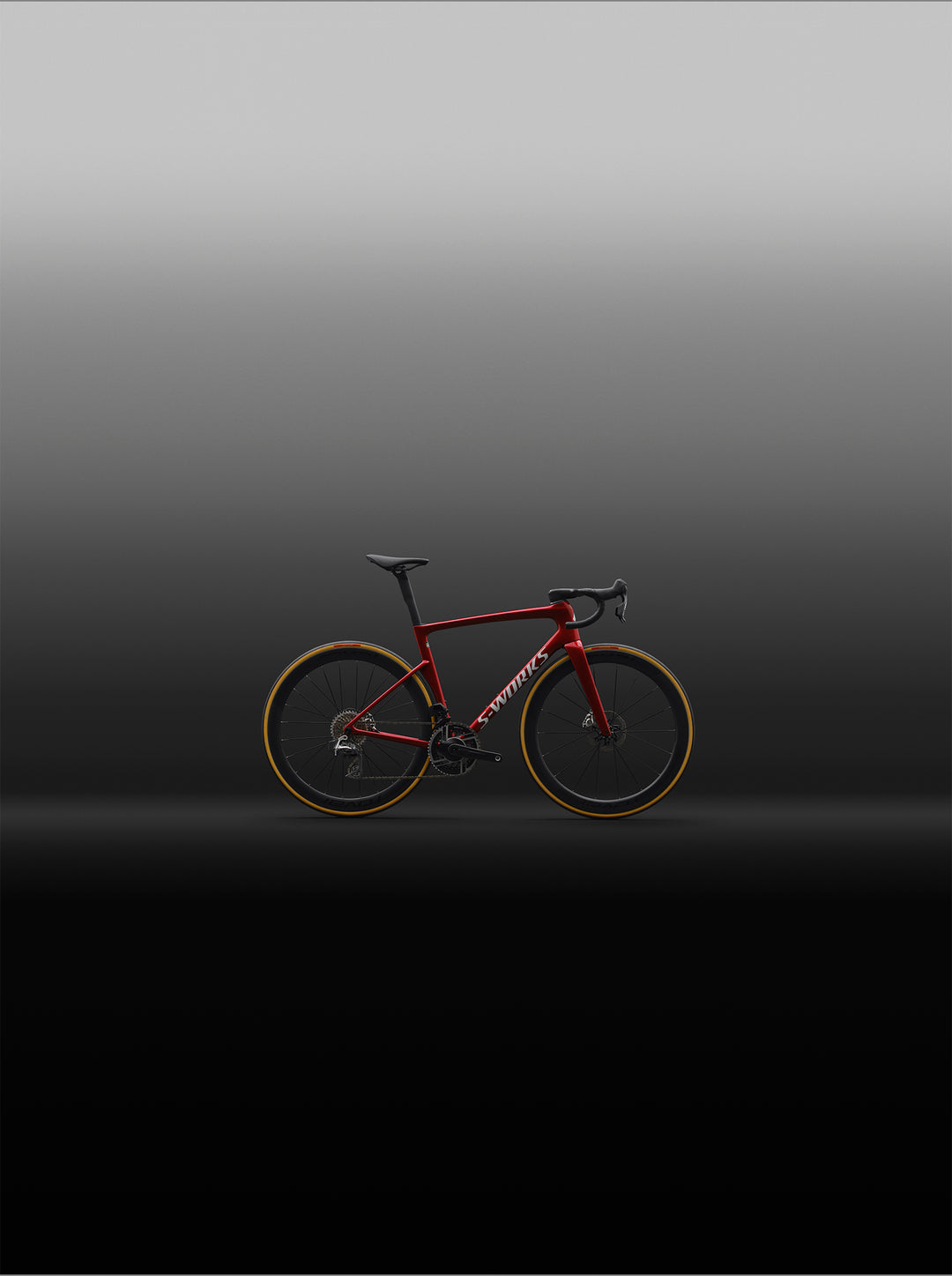 Specialized S-Works Tarmac SL9 SRAM AXS in Ruby Metallic / White Silver Metallic, shown in profile in an outdoor setting