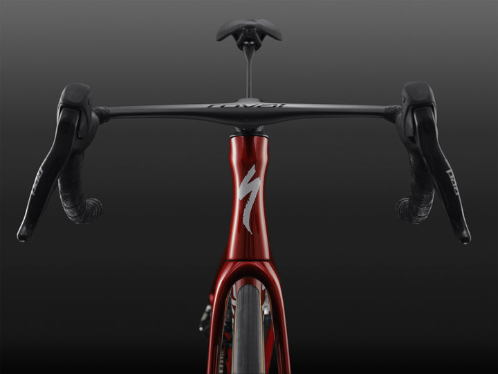 Specialized S-Works Tarmac SL9 SRAM AXS handlebar and cockpit detail, shown straight on against a dark studio background