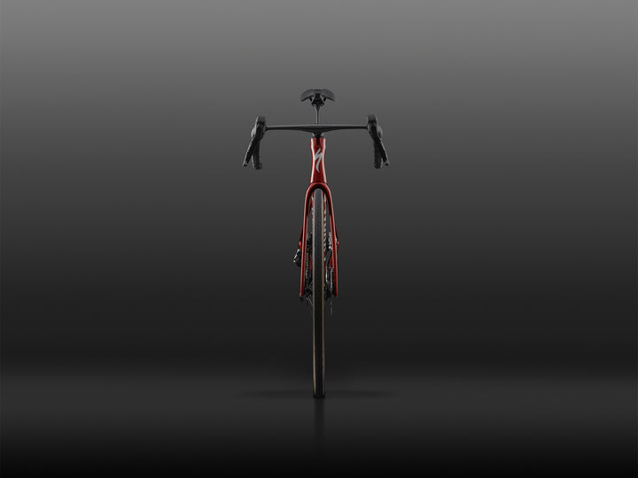 Specialized S-Works Tarmac SL9 SRAM AXS in Ruby Metallic / White Silver Metallic, shown straight on from the front against a dark studio background