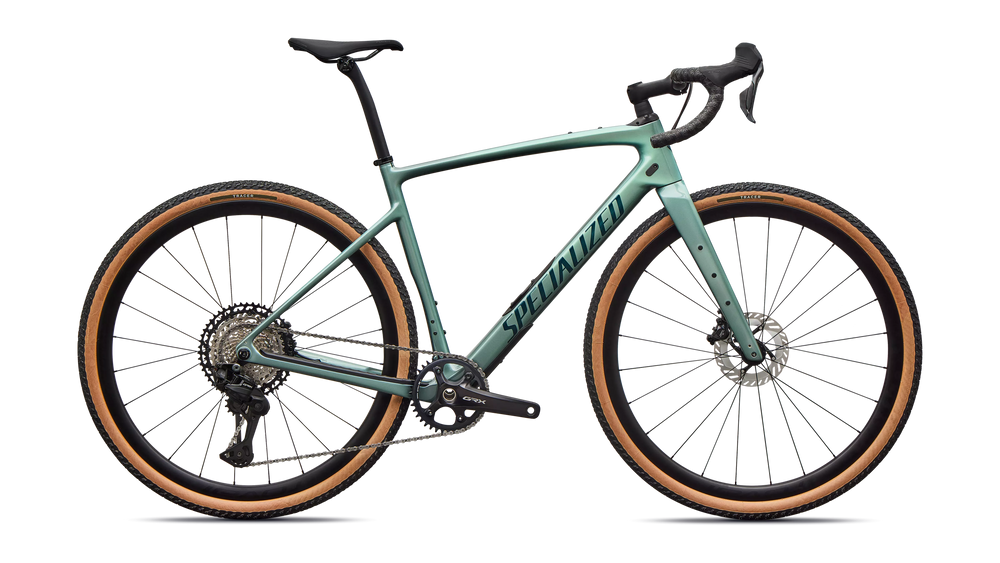 Specialized Diverge 4 Expert Di2 gravel bike in Fjord Metallic/Emerald Metallic, side profile