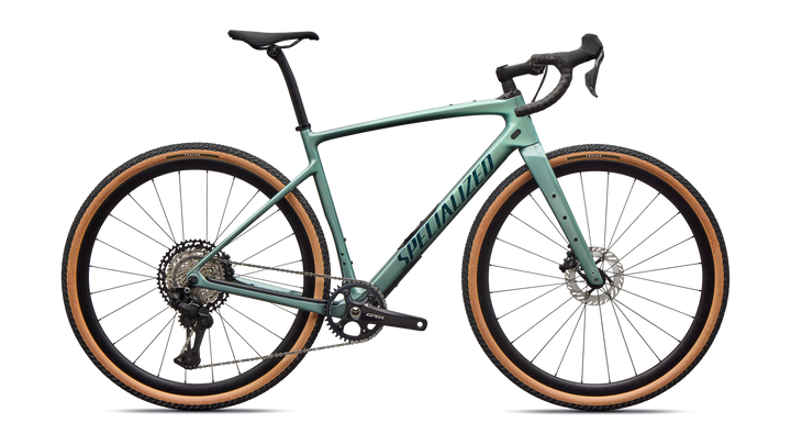Specialized Diverge 4 Expert Di2 gravel bike in Fjord Metallic/Emerald Metallic, side profile