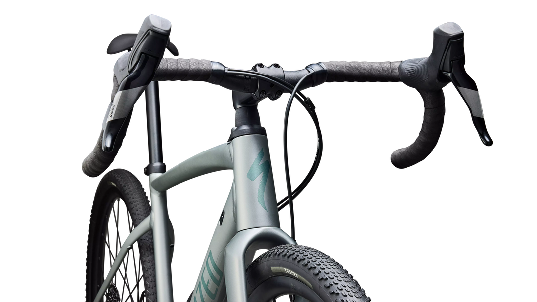 Specialized Diverge 4 Comp Alloy gravel bike in Satin Shadow Silver/Fjord Metallic, head tube detail