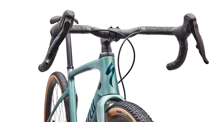 Specialized Diverge 4 Expert gravel bike (2027) in Fjord Metallic/Emerald Metallic, head tube detail