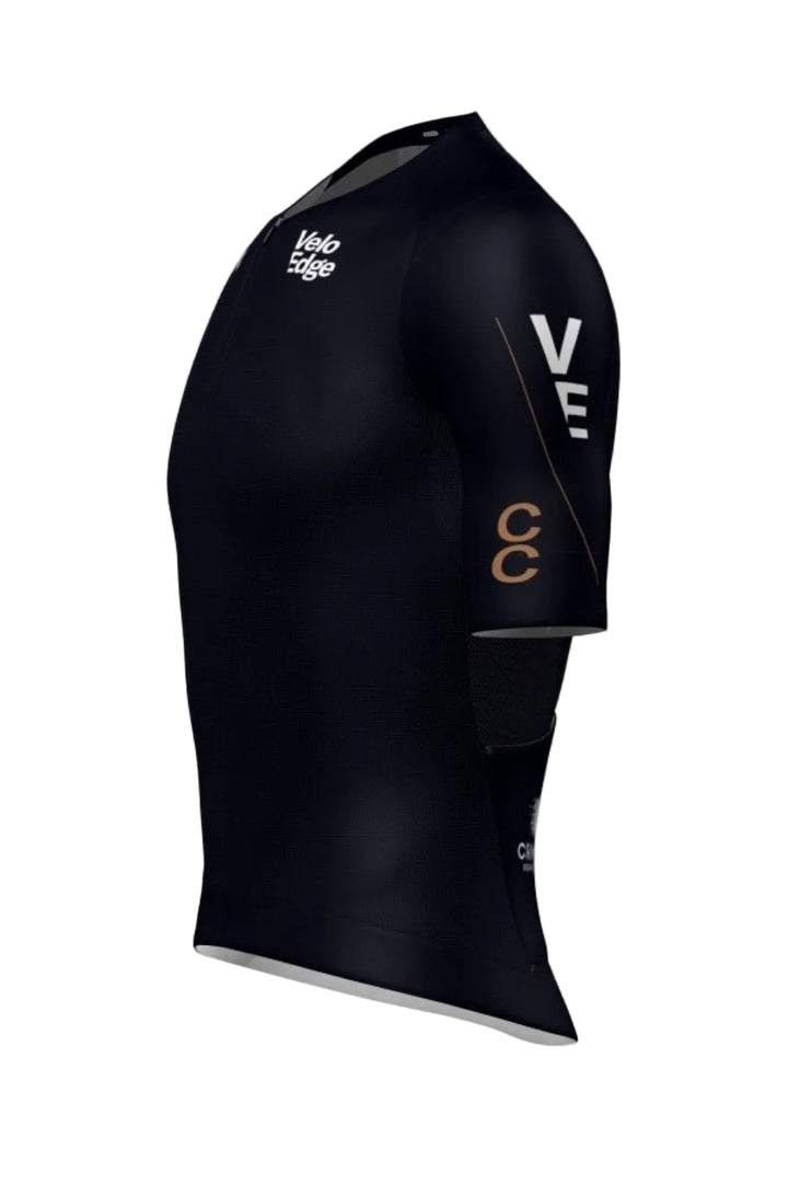 Black cycling jersey with branding on a white background