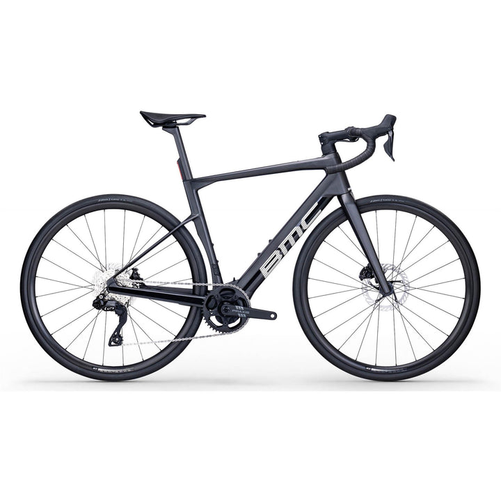 BMC Roadmachine 01 AMP One e-road bike in Black Carbon, three-quarter view