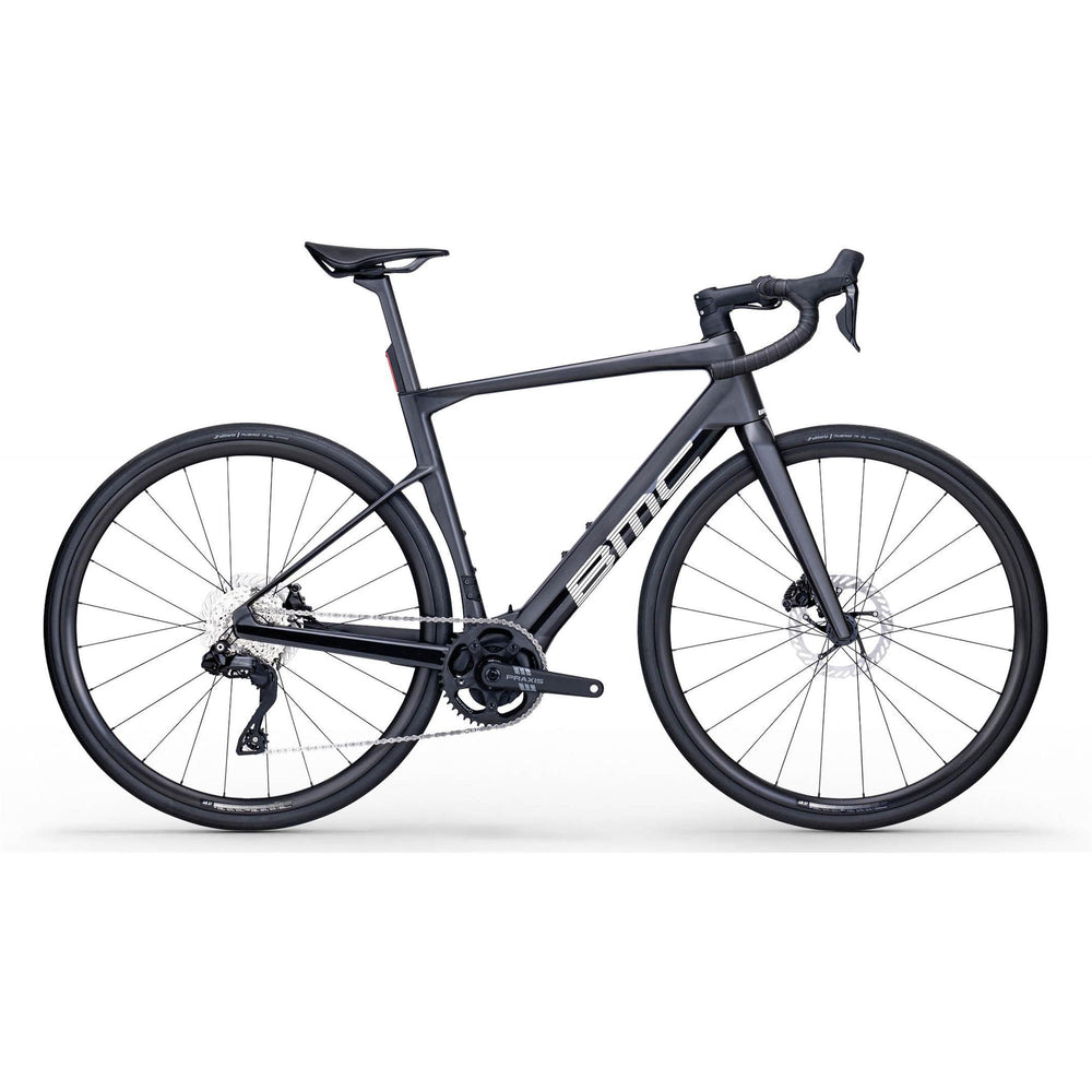 BMC Roadmachine 01 AMP One e-road bike in Black Carbon, side profile