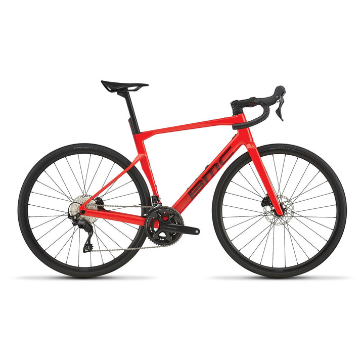 BMC Roadmachine Three 105 road bike in Vibrant Red, three-quarter view