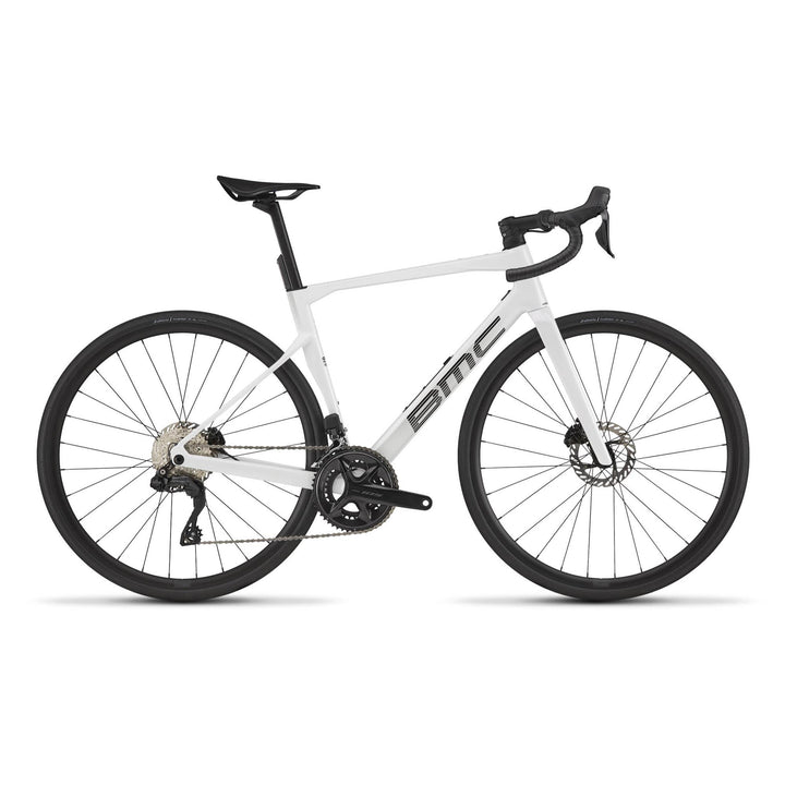 BMC Roadmachine Two 105 Di2 road bike in Metallic White, three-quarter view