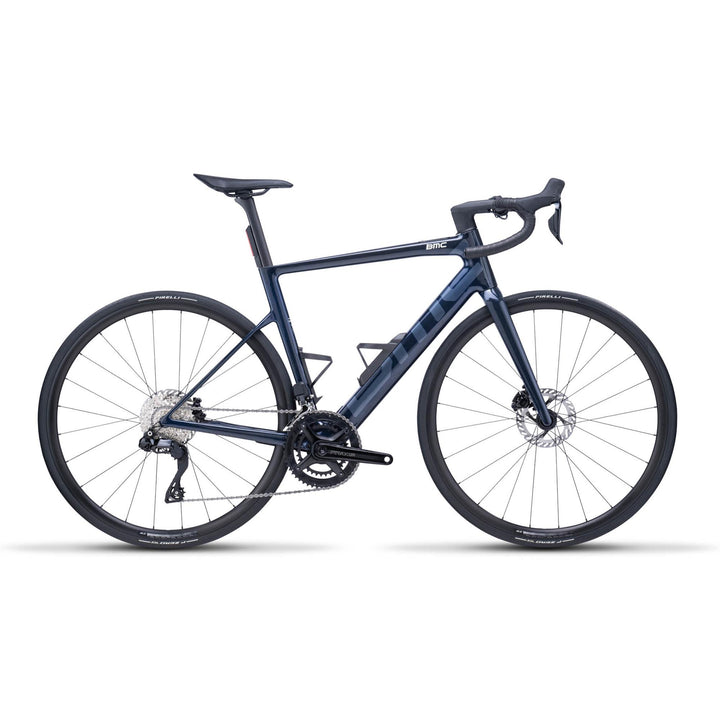 BMC TEAM01 AMP Three e-road bike in Blue Glitter Carbon, three-quarter view