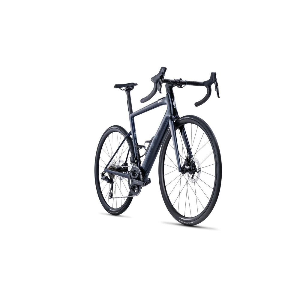 BMC TEAM01 AMP Three e-road bike in Blue Glitter Carbon, side profile