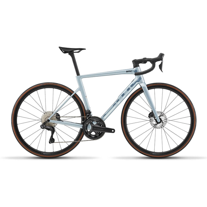BMC Teammachine SLR One Ultegra Di2 road bike in Light Blue Chrome, three-quarter view