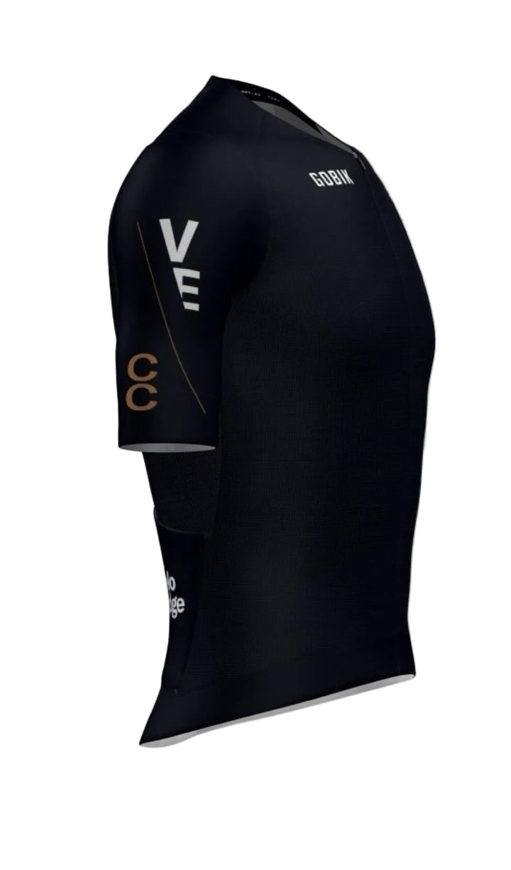 Black cycling jersey with branding on a white background