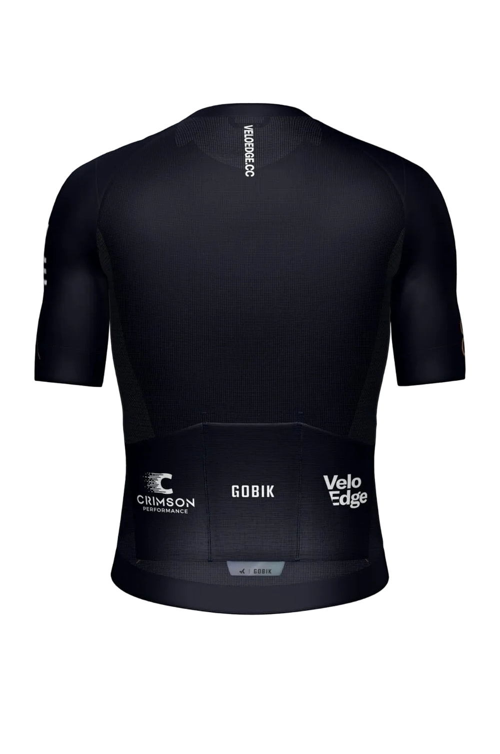 Black cycling jersey with visible branding on a white background