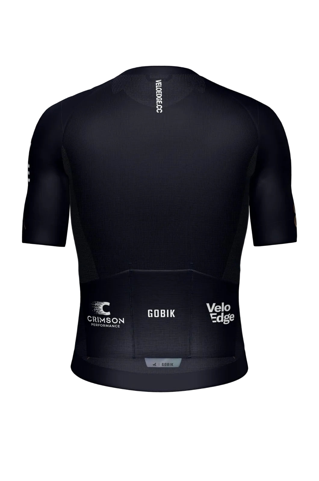 Black cycling jersey with visible branding on a white background