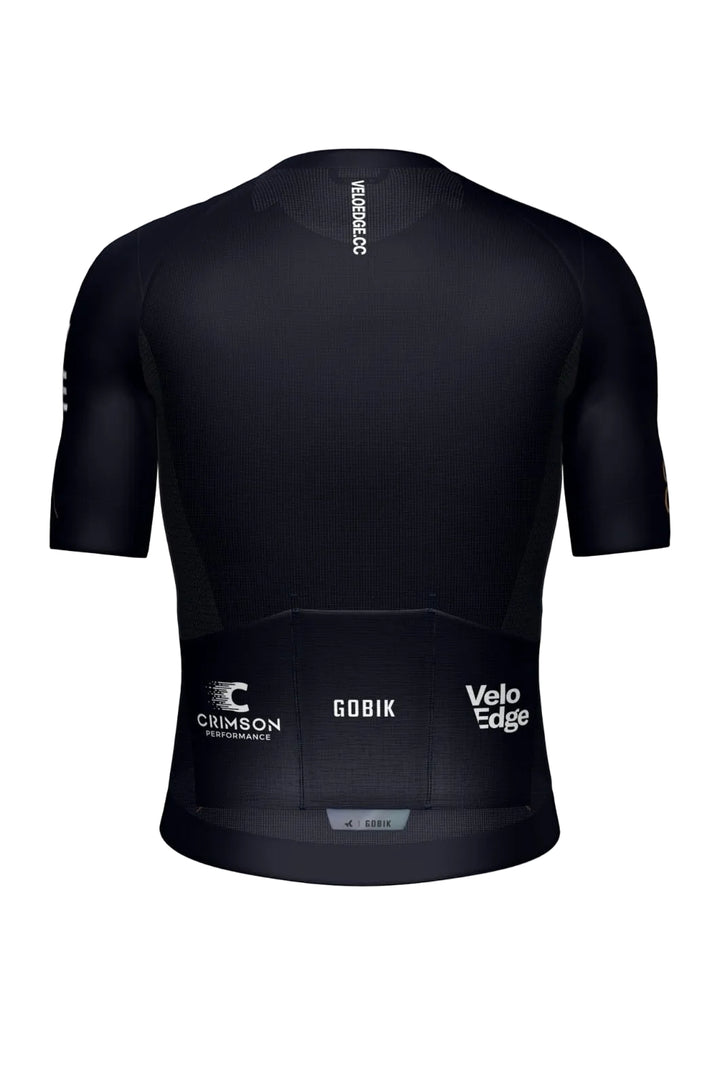 Black cycling jersey with visible branding on a white background