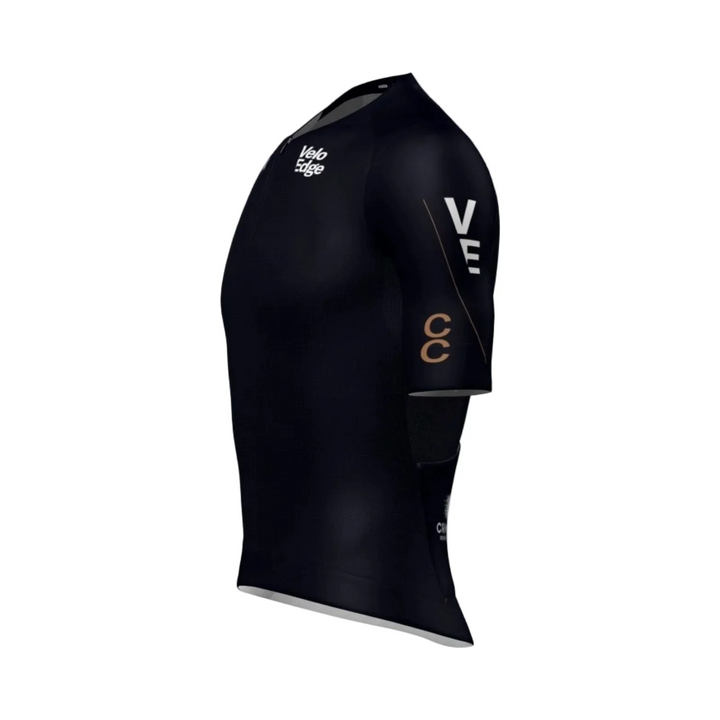 Velo Edge CC club cycling jersey, chest branding detail