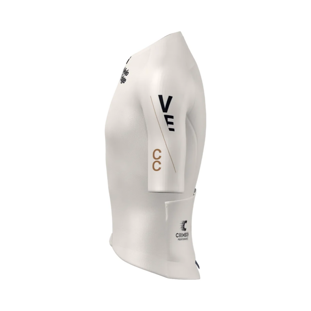 Velo Edge CC Jersey in white, branding detail