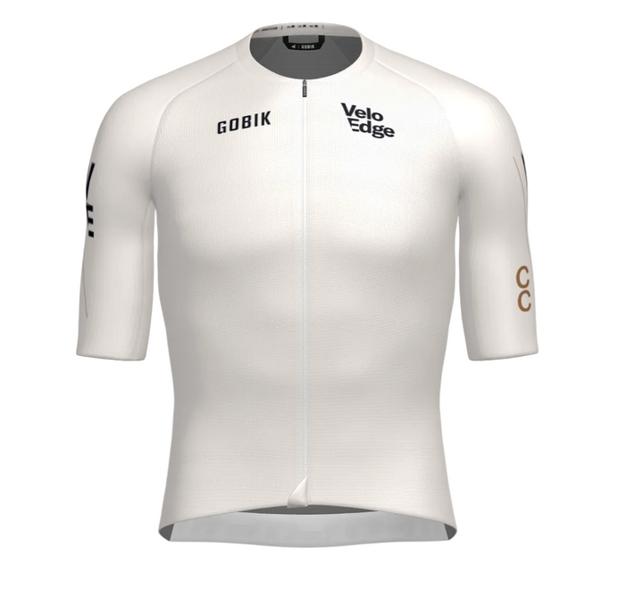 White cycling jersey with visible branding on a gray background