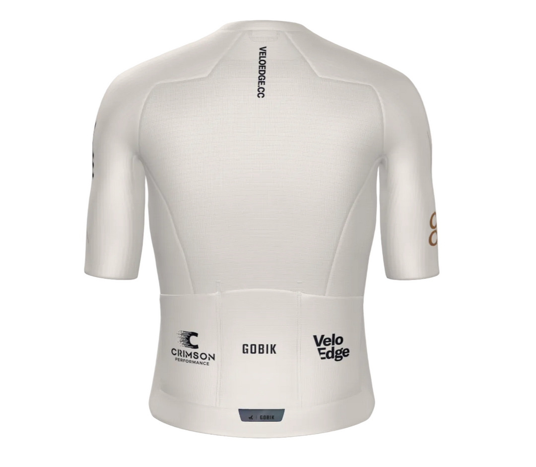 White cycling jersey with visible branding on a gray background
