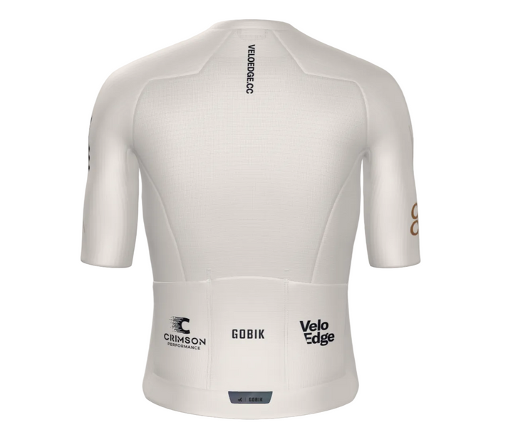 White cycling jersey with visible branding on a gray background
