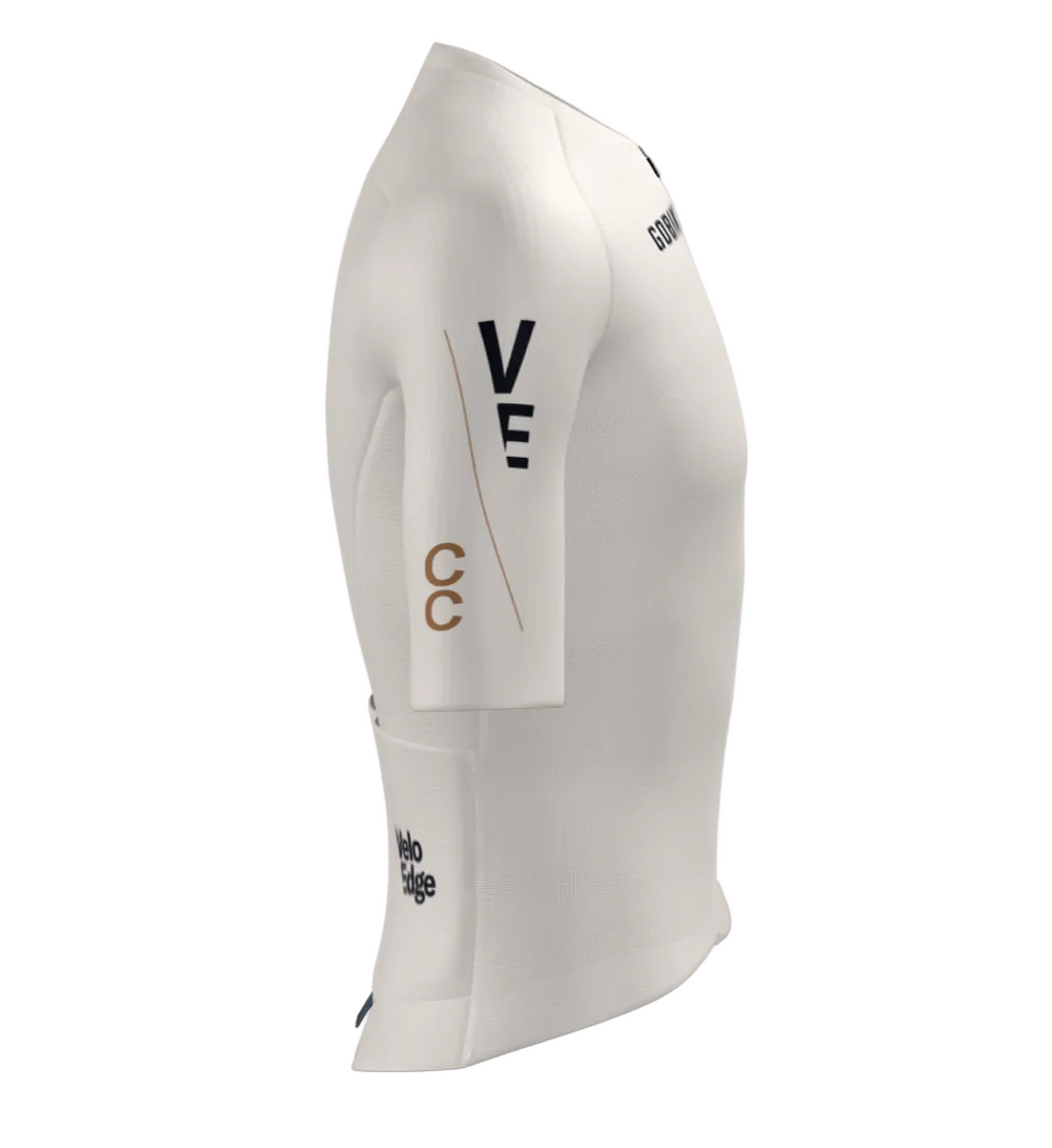 White cycling jersey with branding on a gray background