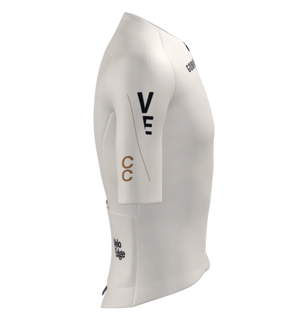 White cycling jersey with branding on a gray background
