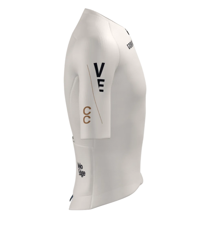 White cycling jersey with branding on a gray background